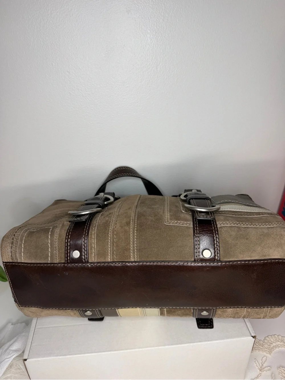Vintage Coach Rare Suede Patchwork Leather Satchel Y2K Shoulder Bag Brown